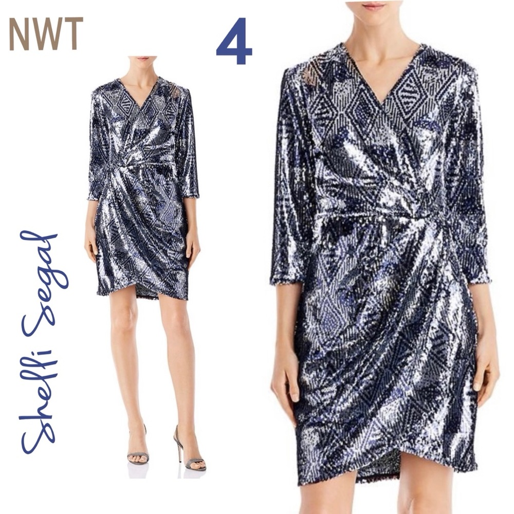 NWT 4 Shelli Segal navy silver sequined wrap front tulip skirt formal cocktail